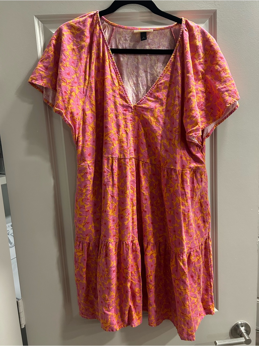 Universal Thread Pink and Yellow Floral V-Neck Tiered Dress